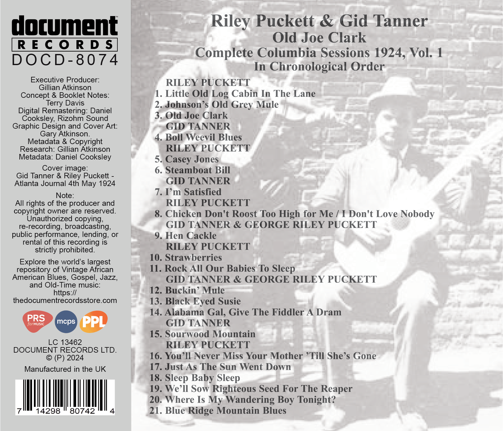 Alt Text: Back cover of Document Records’ Riley Puckett & Gid Tanner – Old Joe Clark: Complete Columbia Sessions 1924, Vol. 1 (DOCD-8074), listing tracks and production credits.