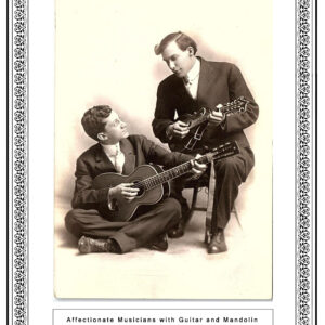 A fine art print featuring a vintage postcard from circa 1910, depicting two elegantly dressed musicians in a moment of shared music-making. The seated musician plays a small-bodied guitar, possibly a Lyon and Healy, while the standing musician plays a mandolin. Their expressions and body language convey warmth and connection, making this a striking piece of early 20th-century musical imagery.