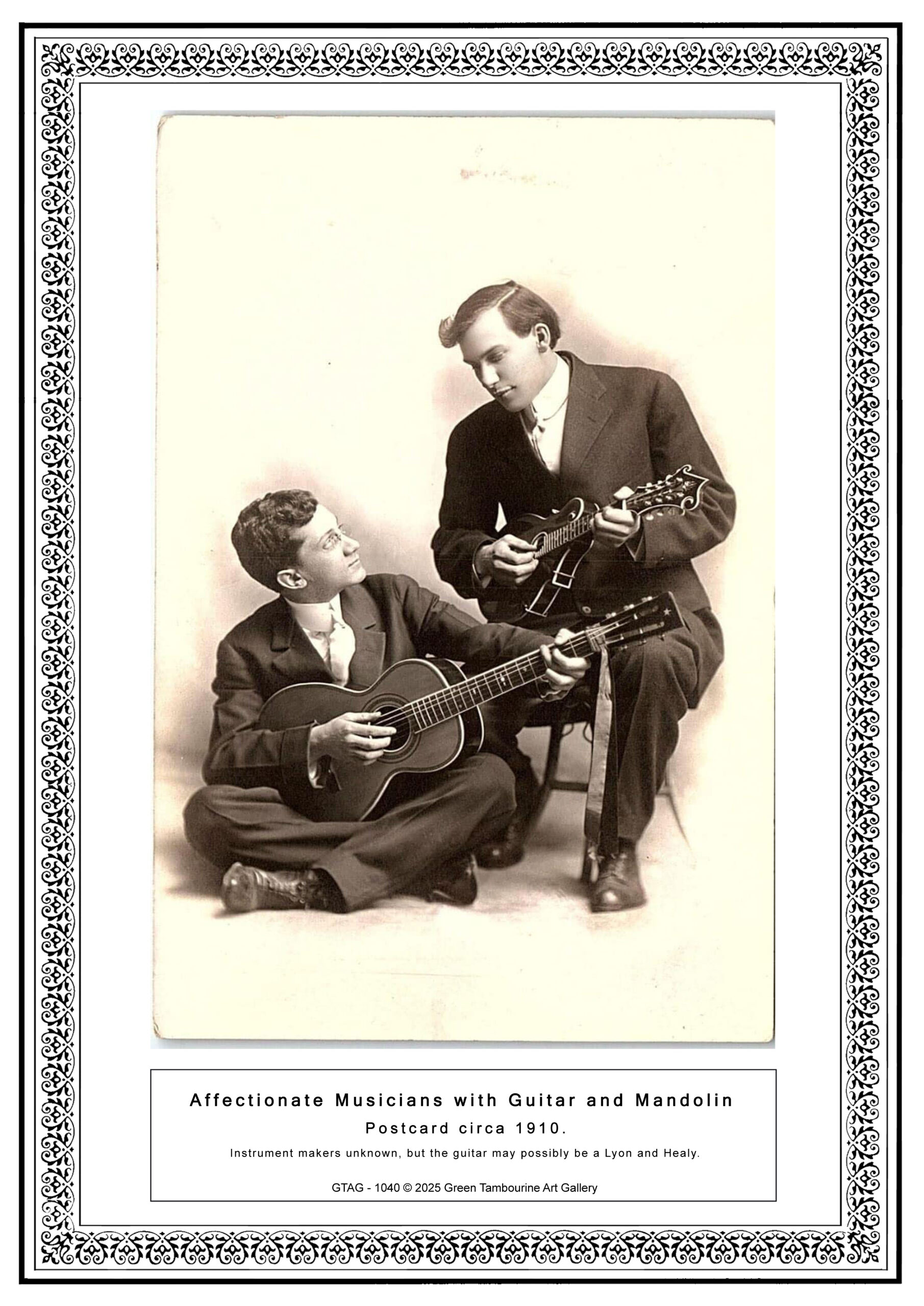 A fine art print featuring a vintage postcard from circa 1910, depicting two elegantly dressed musicians in a moment of shared music-making. The seated musician plays a small-bodied guitar, possibly a Lyon and Healy, while the standing musician plays a mandolin. Their expressions and body language convey warmth and connection, making this a striking piece of early 20th-century musical imagery.