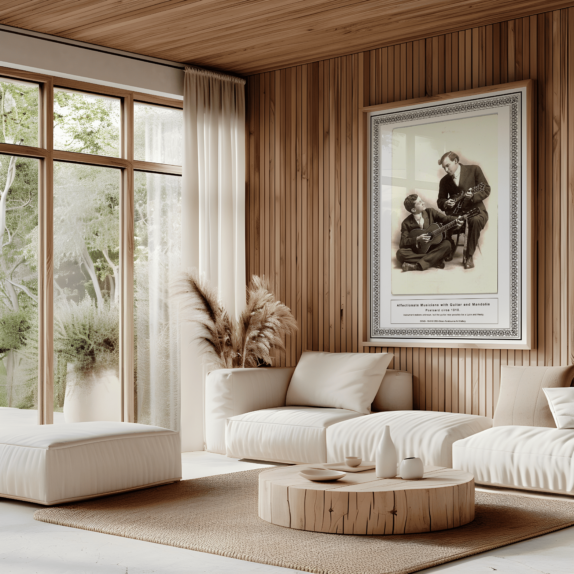 A framed fine art print of Affectionate Musicians c.1910 - Art Print and Poster displayed in a modern, neutral-toned living space. The artwork hangs on a wood-paneled wall above a minimalist seating arrangement, enhancing the room’s warm and natural aesthetic.
