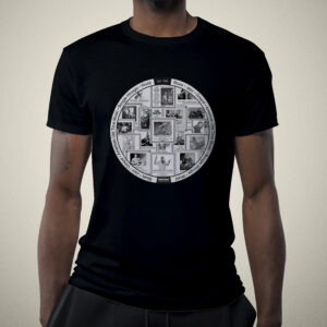 A male model wearing the black Document Records Circle Logo T-shirt, featuring a collage of vintage blues, gospel, and old-time music album covers in a circular design.