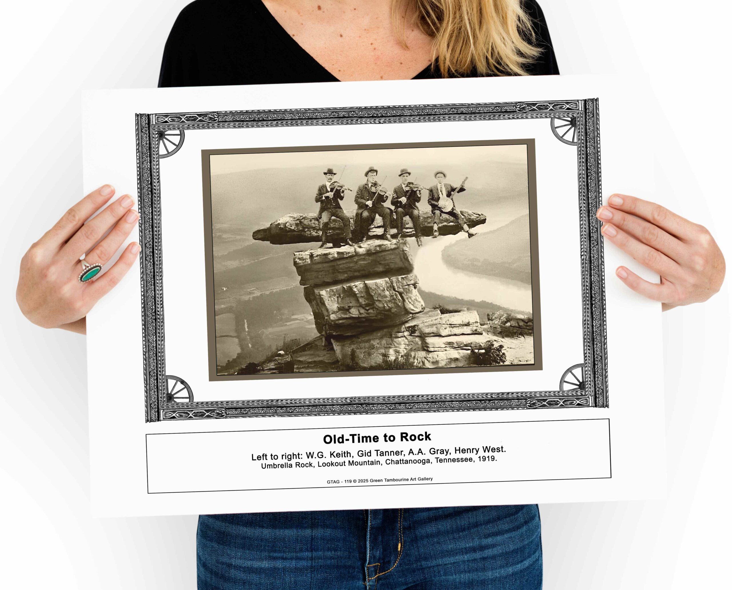 Large A1-sized vintage 1919 photograph of four old-time musicians—WG Keith, Gid Tanner, AA Gray, and Henry West—playing instruments while seated on Umbrella Rock, Lookout Mountain, Tennessee. The high-quality black-and-white print showcases a breath-taking natural backdrop, making it an eye-catching historical display.