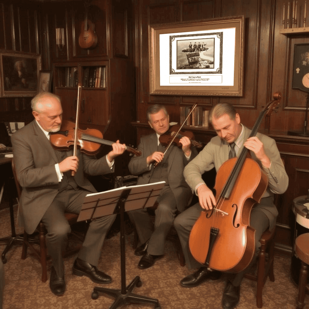 Mockup featuring an A2 fine art print, framed in an elegant, vintage-style setting with a classical string trio performing in a wood-panelled room.