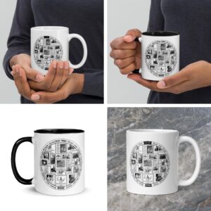 A set of Document Circle Logo Design mugs featuring a black-and-white collage of historical music figures and album covers. Available in two styles: classic white and black-handled with a black interior."