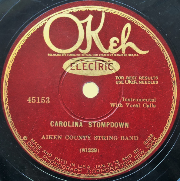 Vintage red OKeh record label for Carolina Stompdown by the Aiken County String Band, recorded in 1927
