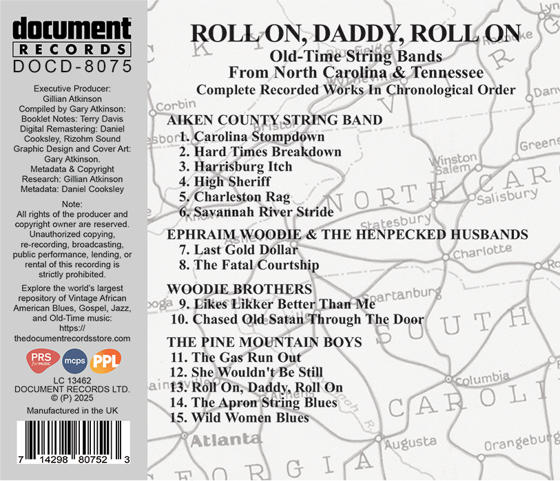 Back cover of Document Records’ CD "Roll On, Daddy, Roll On" featuring track listing and production credits.