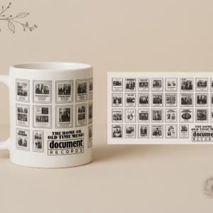 Stylish product mockup showing a white glossy mug printed with black-and-white vintage album covers from Document Records. The mug reads "The Home of Old Time Music – Document Records" and is placed against a beige background with botanical illustrations