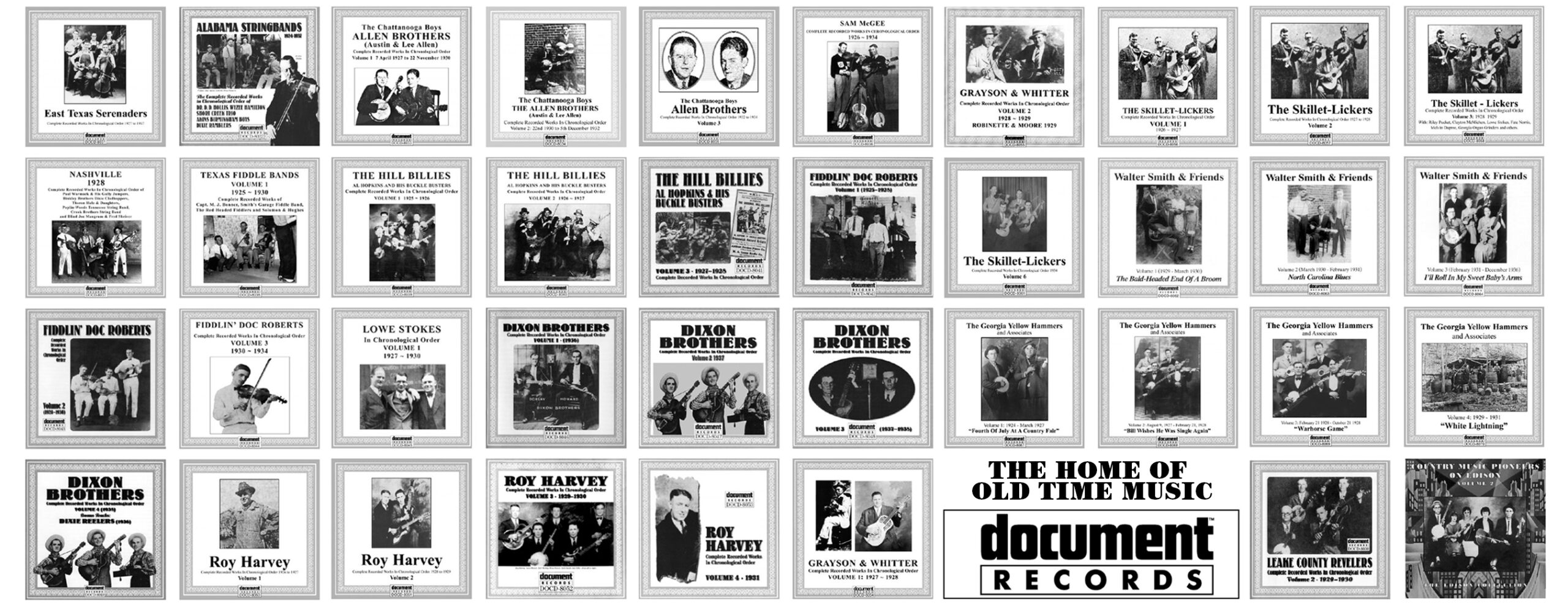 Flattened design layout featuring a grid of black-and-white vintage album covers from Document Records, with the central text “The Home of Old Time Music – Document Records” in bold.