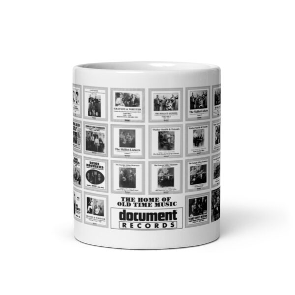 White ceramic mug featuring a grid of vintage Document Records album covers in black and white, with the slogan “The Home of Old Time Music” and Document Records logo prominently displayed.