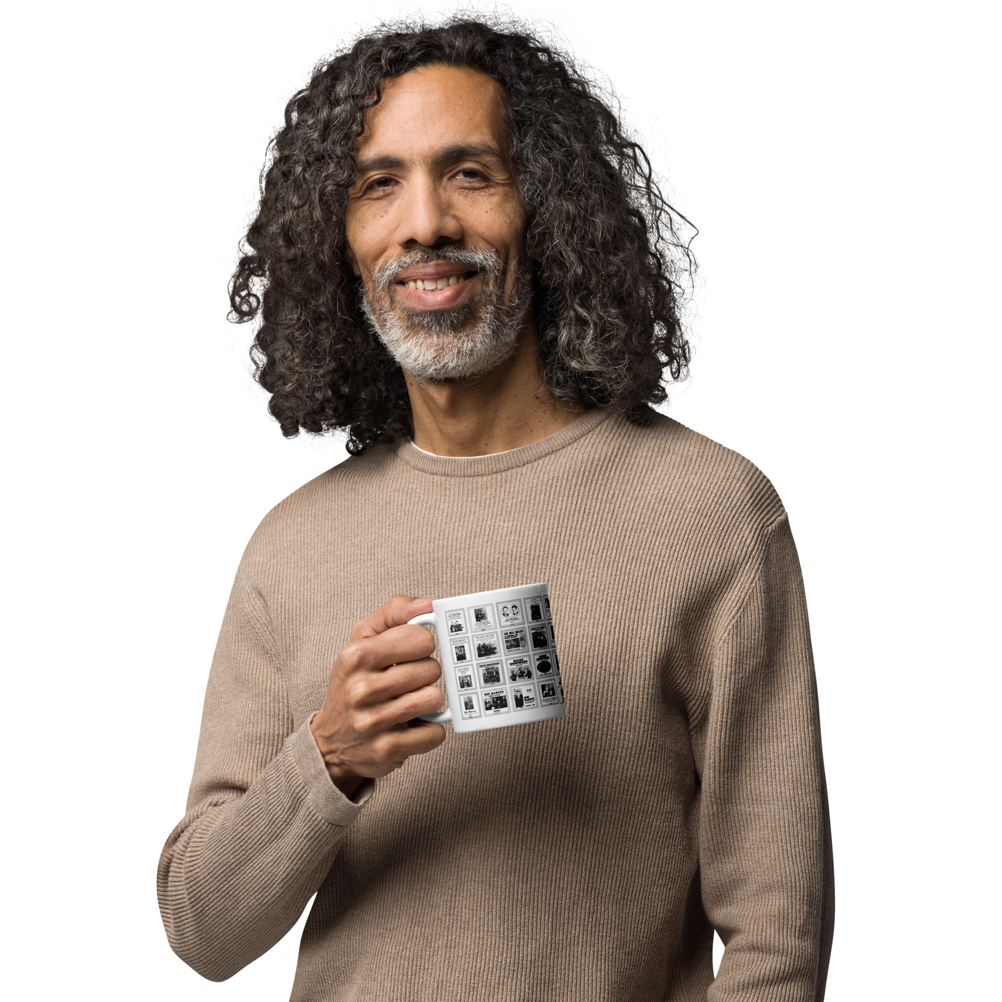Close-up of a person holding a white ceramic mug featuring black-and-white vintage album covers from Document Records, with the slogan “The Home of Old Time Music.