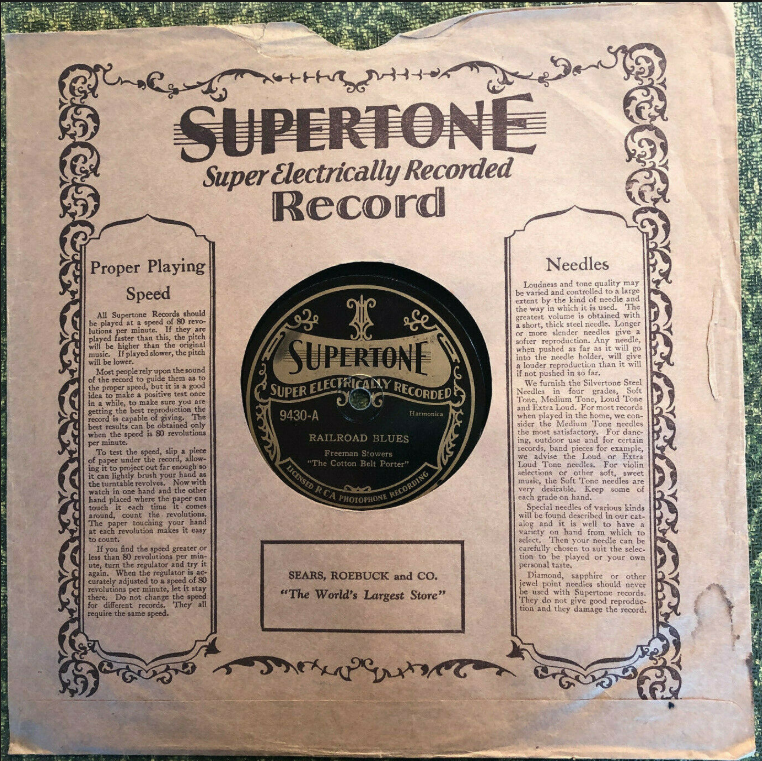 Supertone 78rpm record sleeve and label for "Railroad Blues" by Freeman Stowers, catalogue number 9430-A, featuring The Cotton Belt Porter