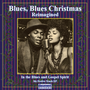 “A vintage-styled cover for Blues, Blues Christmas Reimagined – In the Blues and Gospel Spirit. A stylish Black couple from the mid-20th-century era sing into a classic microphone against a softly lit festive background. The frame is decorated with holly and woven textile patterns, with Document Records branding below.”