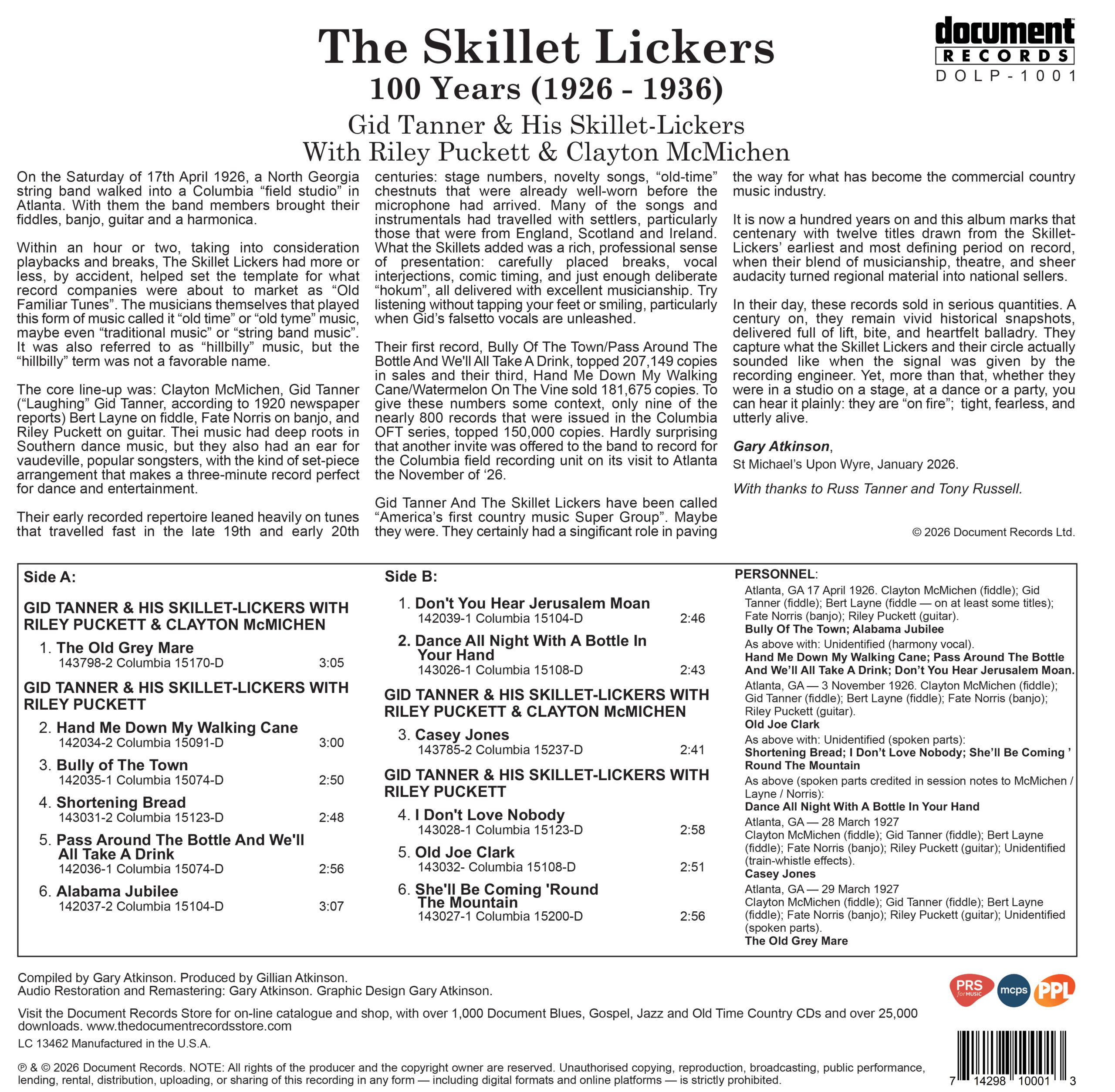 The Skillet Lickers 100th Anniversary Album (1926–2026) – back cover artwork