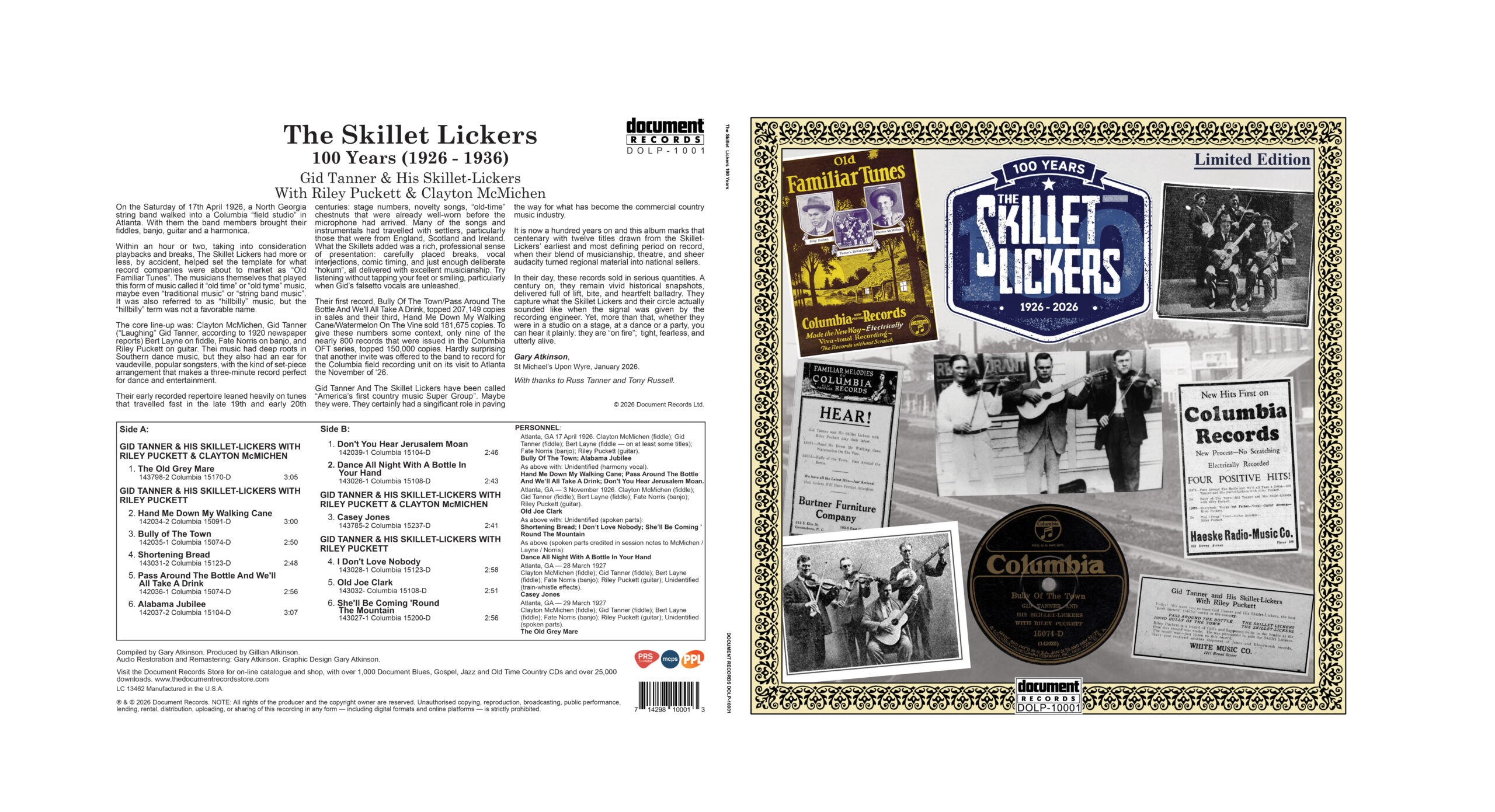 The Skillet Lickers 100th Anniversary Album (1926–2026) – front and back sleeve artwork