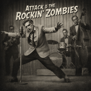 Vintage Halloween Rock and Roll Music album cover for Attack of the Rockin' Zombies featuring a zombie-like rockabilly singer performing with a 1950s band.