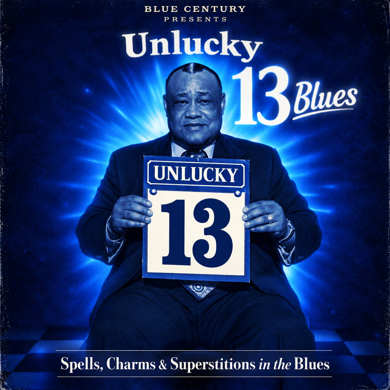 Vintage Blues Superstition Music album cover featuring Roosevelt Sykes holding an Unlucky 13 sign against a glowing blue background.