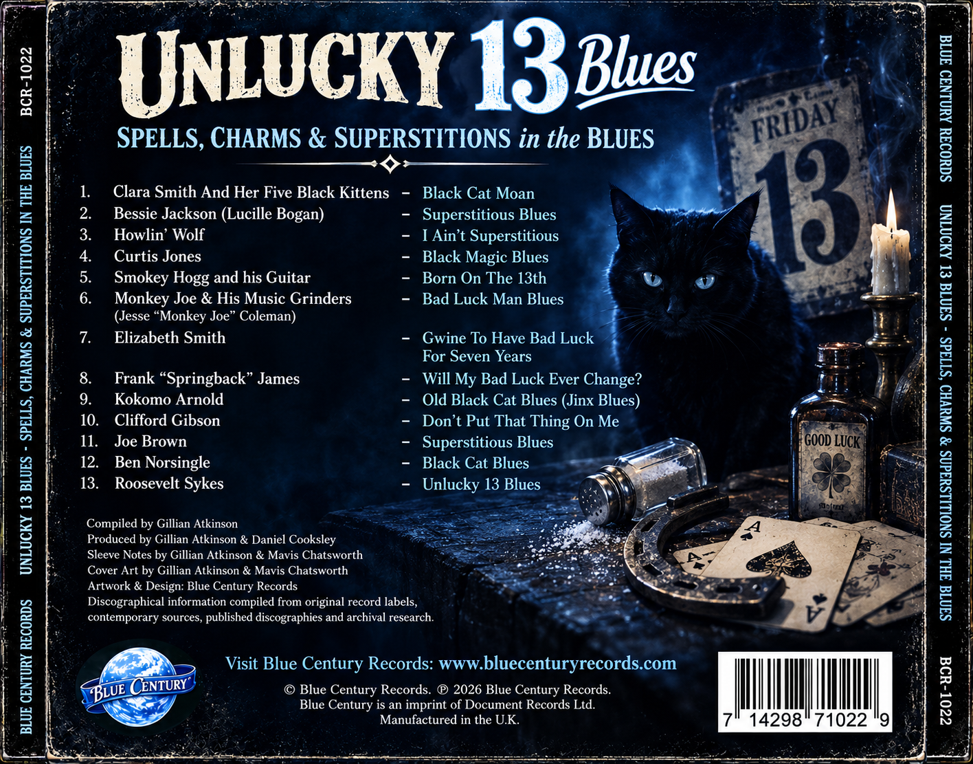Unlucky 13 Blues back cover with 13-track listing, black cat and vintage superstition imagery.