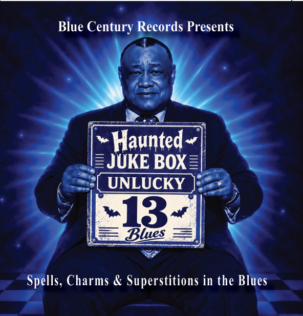 Vintage Blues Superstition Music album cover featuring Roosevelt Sykes holding an Unlucky 13 sign against a glowing blue background. Blue Century Presents_ Unlucky 13 Blues