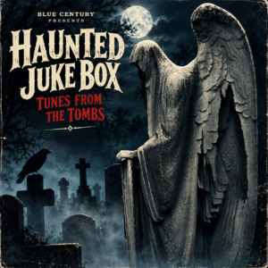 Haunted Juke Box: Tunes from the Tombs album cover featuring a weathered stone cemetery angel, full moon, raven and misty graveyard.