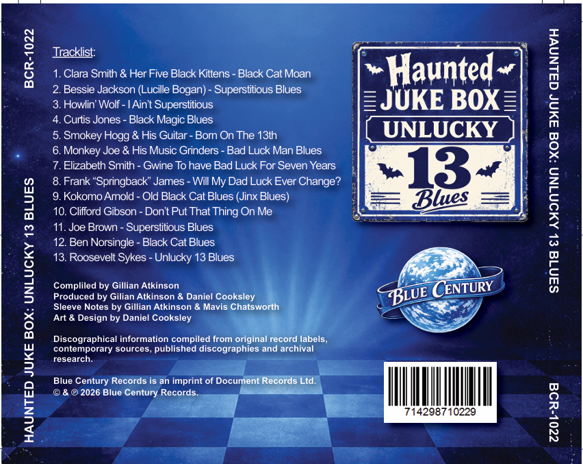 Back inlay artwork for Haunted Juke Box: Unlucky 13 Blues (BCR-1022), featuring the 13-track listing against a deep blue, starry background with the Haunted Juke Box sign, Blue Century globe logo and barcode.