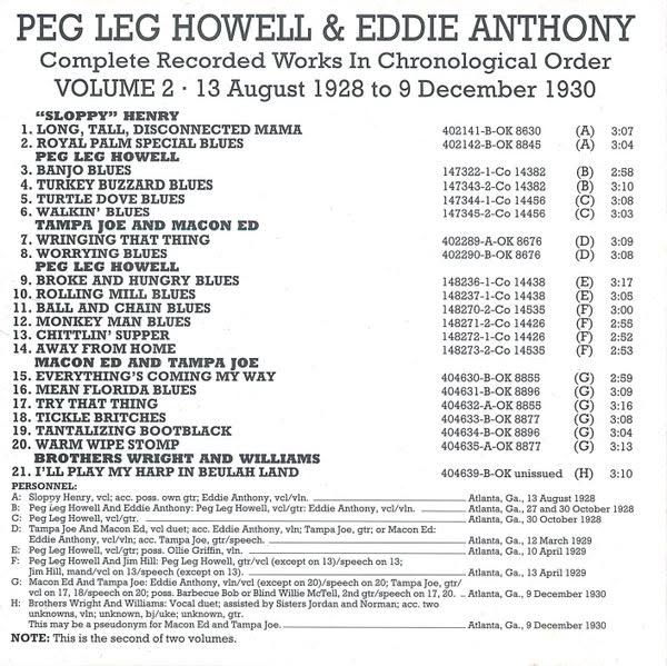 Track listing for Document Records Peg Leg Howell Volume 2
