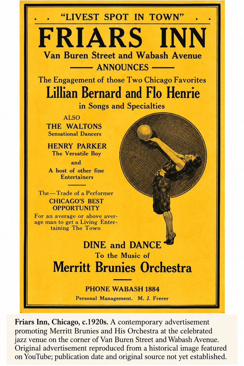 Recreated 1920s Friars Inn advertisement promoting Merritt Brunies Orchestra