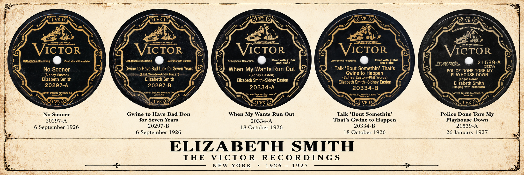 Five original Victor 78 rpm record labels featuring recordings by Elizabeth Smith, recorded in New York in 1926 and 1927.