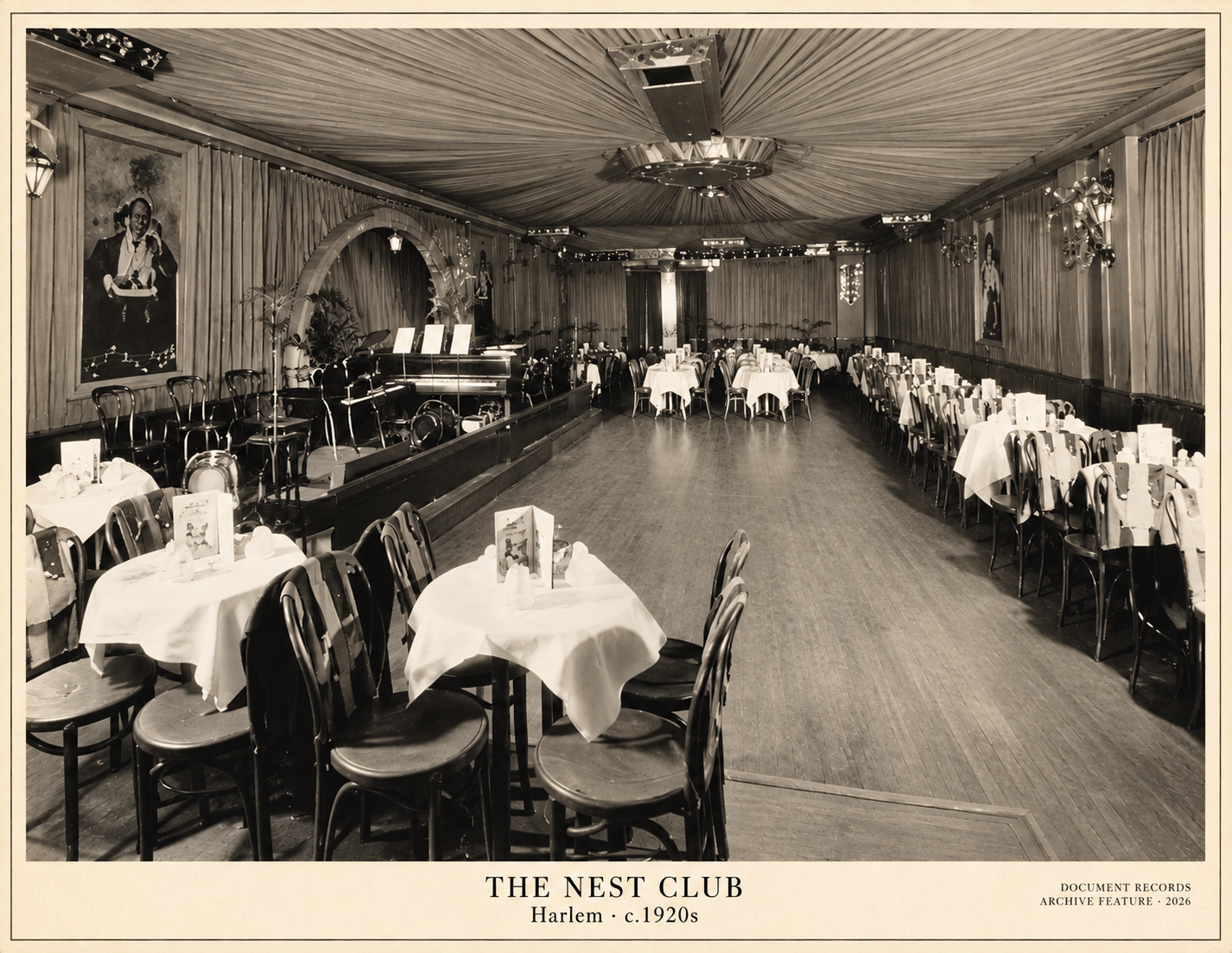 Interior of the Nest Club in Harlem, circa 1920s, showing its dance floor, dining tables and performance area.