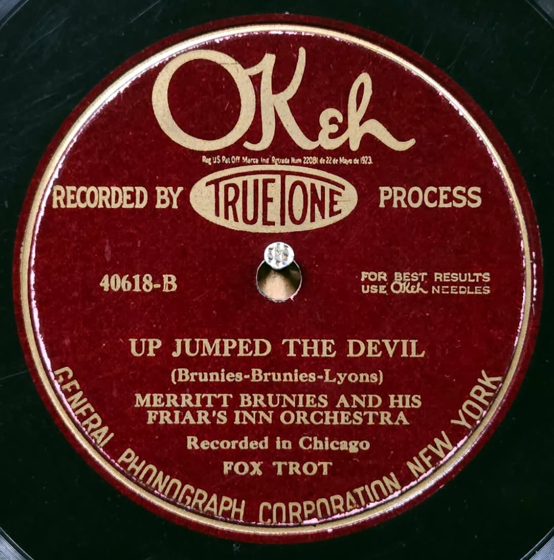 Historical record label for Up Jumped the Devil by Merritt Brunies and His Friars Inn Orchestra
