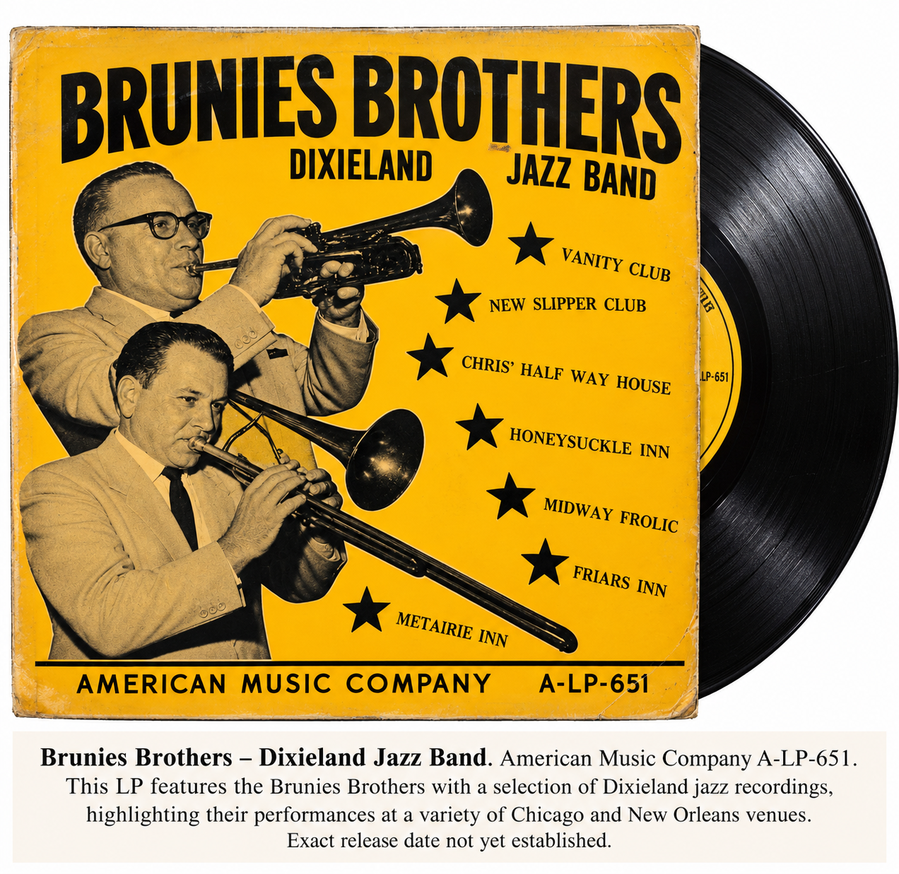 Brunies Brothers Dixieland Jazz Band vintage LP cover, American Music Company A-LP-651