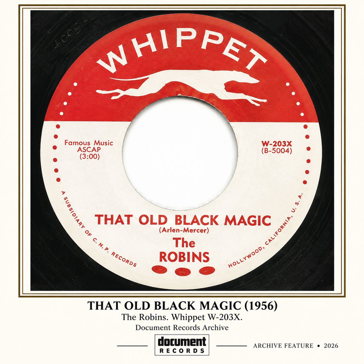 Red and white Whippet Records label for The Robins’ That Old Black Magic, 1956